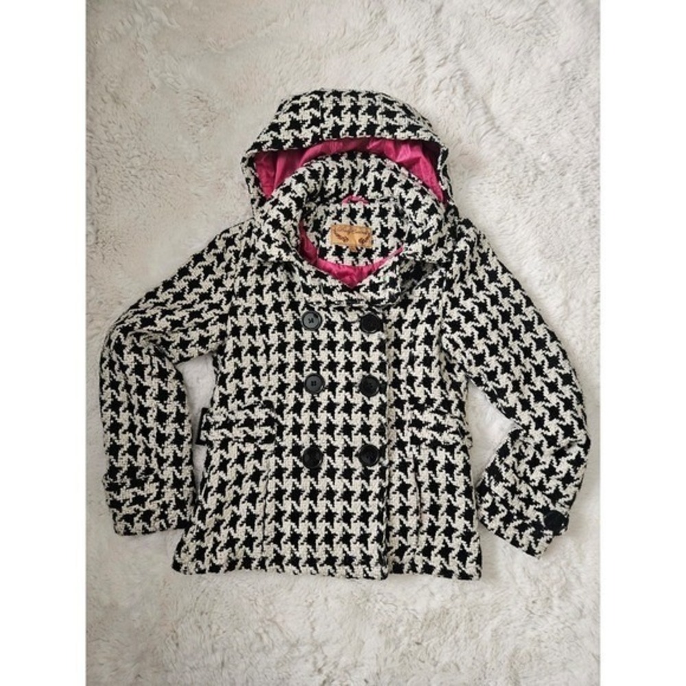 Body Central Houndstooth Pea Coat Size L Black White Tweed‎ Removable Hood Wool
